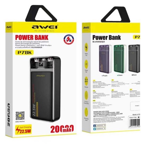 Powerbank - 20.000mah - P78K - 22.5W - AWEI - 004855 Powerbank - 20.000mah - P78K - 22.5W - AWEI - 004855