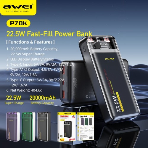 Powerbank - 20.000mah - P78K - 22.5W - AWEI - 004855 Powerbank - 20.000mah - P78K - 22.5W - AWEI - 004855