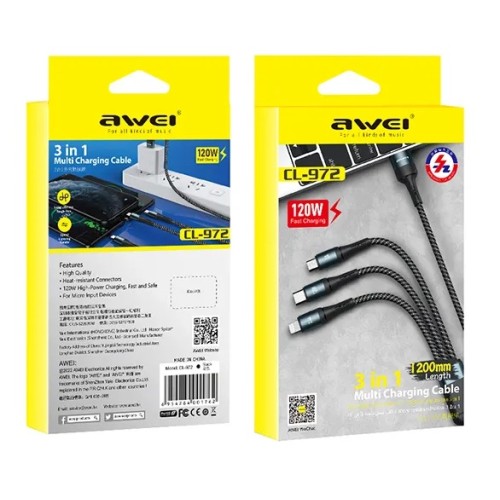 Καλώδιο φόρτισης & data 3in1 - Fast Charge - CL-972 - 1.2m - AWEI - 888155 - Black Καλώδιο φόρτισης & data 3in1 - Fast Charge - CL-972 - 1.2m - AWEI - 888155 - Black