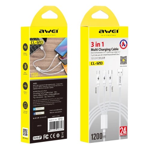 Καλώδιο φόρτισης & data 3in1 - Fast Charge - CL-972 - 1.2m - AWEI - 888155 Καλώδιο φόρτισης & data 3in1 - Fast Charge - CL-972 - 1.2m - AWEI - 888155