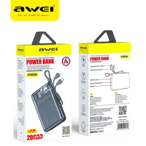 Powerbank - P181K - 20.000mah - 22.5W - AWEI - 004817 Powerbank - P181K - 20.000mah - 22.5W - AWEI - 004817
