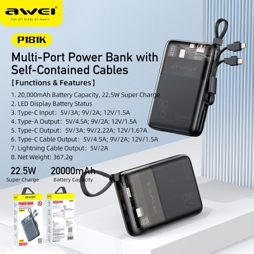 Powerbank - P181K - 20.000mah - 22.5W - AWEI - 004817 Powerbank - P181K - 20.000mah - 22.5W - AWEI - 004817