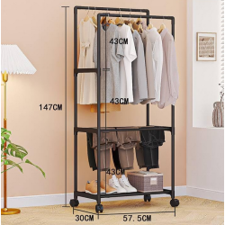 Τροχήλατη κρεμάστρα δαπέδου με ράφι παπουτσιών - YX9108-2 - 522787 - Black