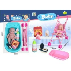 Κούκλα μωρό με σετ μπάνιου και καροτσάκι - 669-609B - 215565