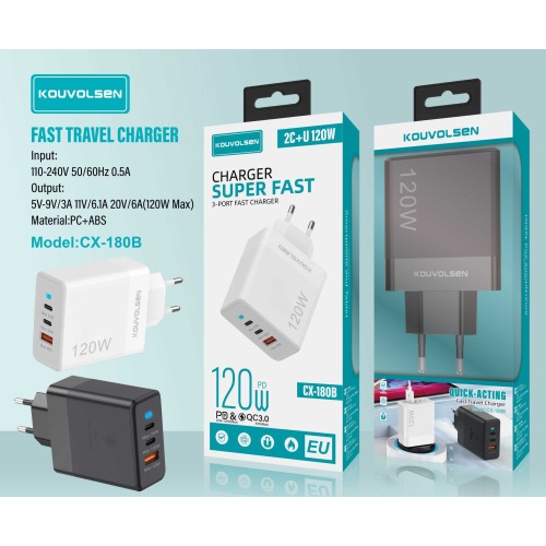 Αντάπτορας φόρτισης Fast Charge με 3 θύρες USB-A & Type-C - 120W - CX-180B - 271801 - White Αντάπτορας φόρτισης Fast Charge με 3 θύρες USB-A & Type-C - 120W - CX-180B - 271801 - White