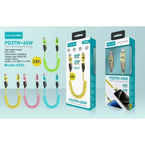 Καλώδιο φόρτισης & data σπιράλ - 4in1 - Fast Charge - X204 - 27-65W - 102048 - Green Καλώδιο φόρτισης & data σπιράλ - 4in1 - Fast Charge - X204 - 27-65W - 102048 - Green