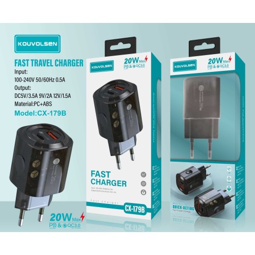 Αντάπτορας φόρτισης Fast Charge με 2 θύρες USB-A & Type-C - 20W - CX-179B - 271795 Αντάπτορας φόρτισης Fast Charge με 2 θύρες USB-A & Type-C - 20W - CX-179B - 271795