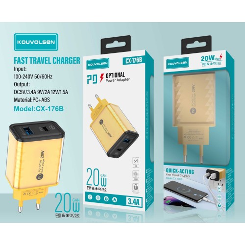 Αντάπτορας φόρτισης Fast Charge με 2 θύρες USB-A & Type-C - 20W - CX-176B - 271764 Αντάπτορας φόρτισης Fast Charge με 2 θύρες USB-A & Type-C - 20W - CX-176B - 271764