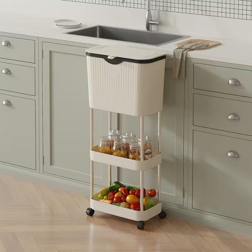 Τροχήλατη ραφιέρα κουζίνας τριώροφη με κάδο - YH9811-3 - 282296