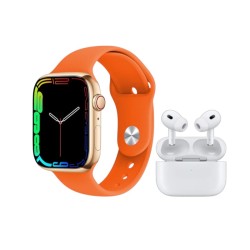 Σετ Smartwatch με ασύρματα ακουστικά Bluetooth & 7 λουράκια - KW55 MAX - 750360 - Gold