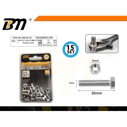 Εξάγωνη βίδα με παξιμάδι - M4x30mm+M4 - Σετ 12 πακέτα των 15 ζευγαριών - 201789