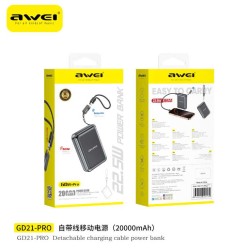 Powerbank με αποσπώμενο καλώδιο Type-C - GD21-Pro - 20.000mah - 22.5W - AWEI - 026185